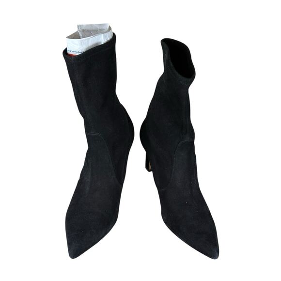 Stuart Weitzman Black Suede Sock Ankle Boots Pointed Toe Size 10M Heels - Picture 3 of 13